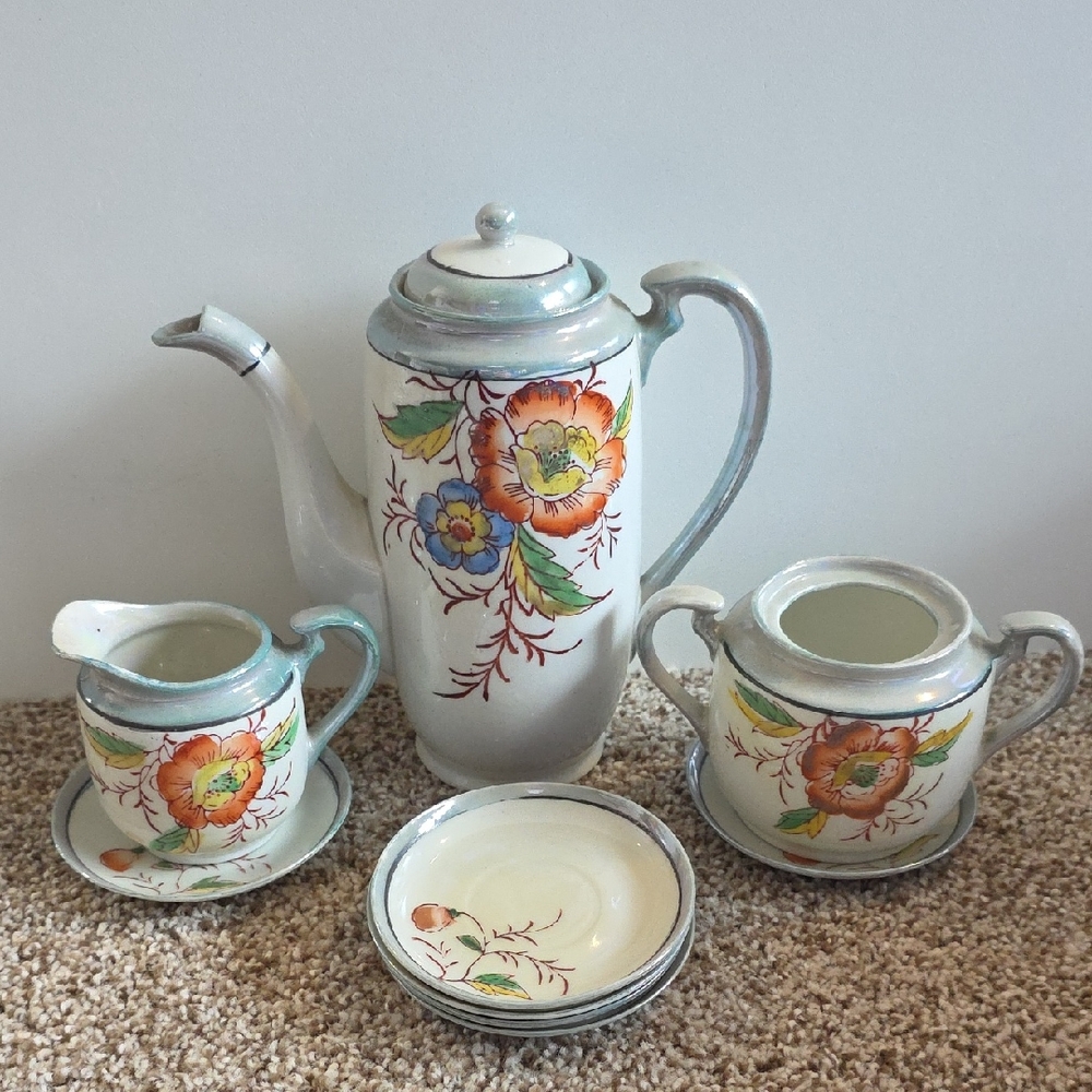 Vintage Teapot Set Japanese Floral Porcelain Tea Set with Hand Painted Accents
